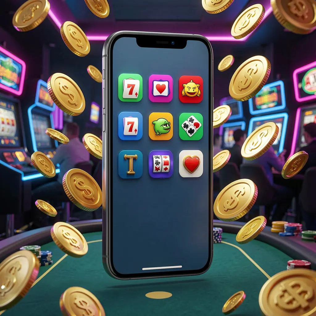 Realistic 3D render of a modern phone displaying the W63 Android casino app with app icons, surrounded by golden coins and slot symbols in a neon casino atmosphere