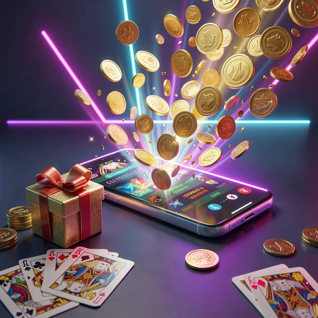 W63 mobile casino bonus banner showing a smartphone with coins bursting from the screen, a gift box and playing cards nearby, all illuminated by a bright neon glow in a premium realistic 3D render