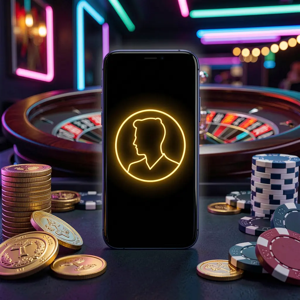 W63 online casino login hero image featuring a modern phone with glowing profile icon, roulette lights in the background, golden coins and poker chips in a premium dark neon atmosphere