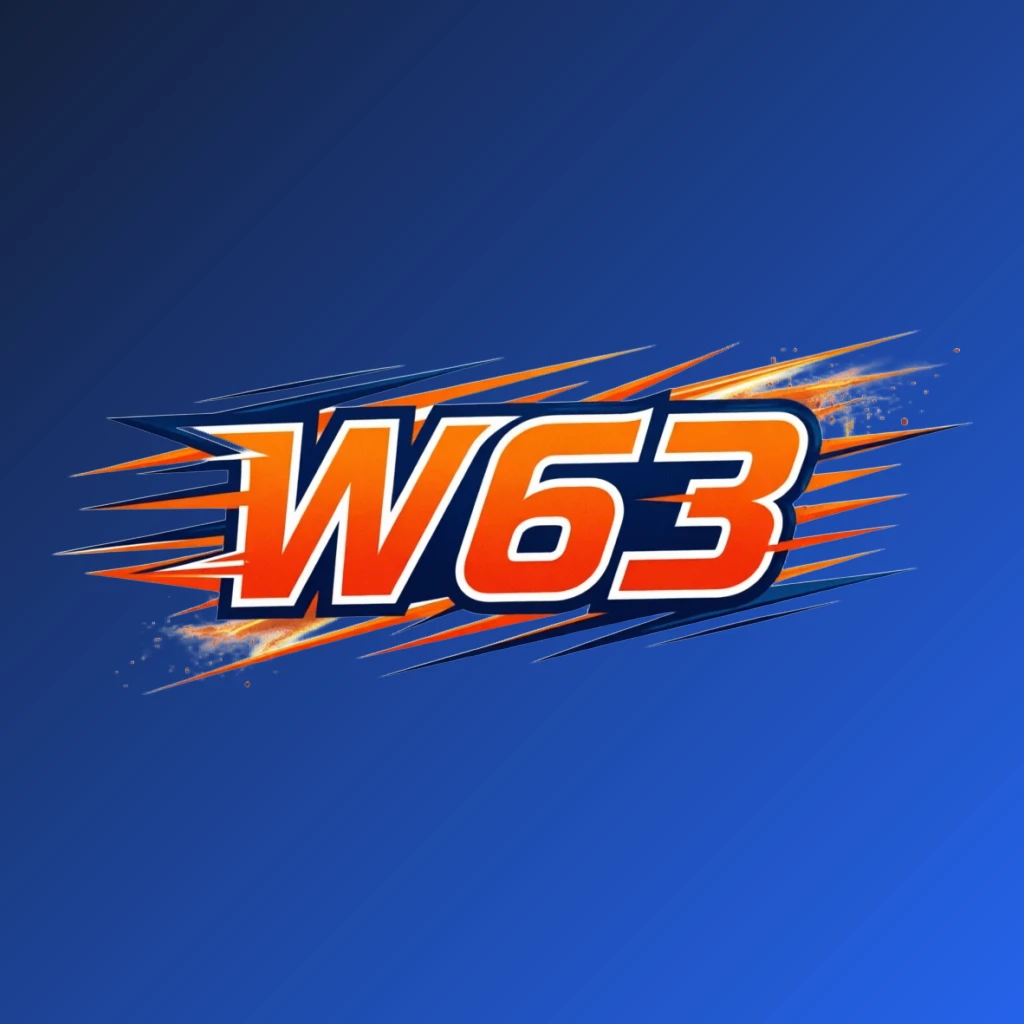 W63 powerful sports logo featuring bold italic lettering in bright orange, blue, and white colors with speed lines and energetic motion effects on a transparent background, designed as a wide horizontal rectangular wordmark for website header