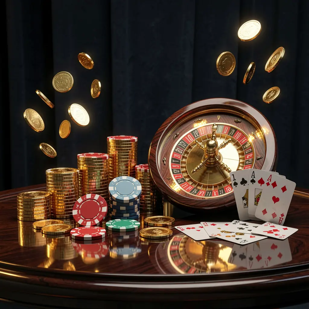W63 premium online casino banner featuring golden coins, glowing chips, roulette wheel, and cards on a glossy table with an elegant dark background in a high detail realistic 3D render